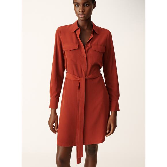 Sezane Dresses & Skirts - Sezane Size 38/6 US Shift Mini Dress Brown Silk Belted Pockets Long Sleeves